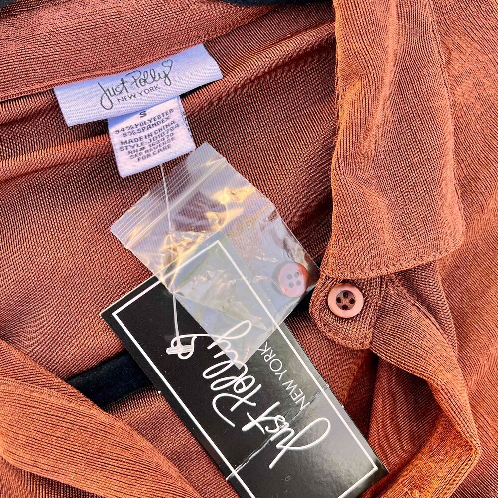 Just Polly Dress NWT Slinky Ruched Button Down Burnt Orange Brown Size Small - Picture 3 of 8